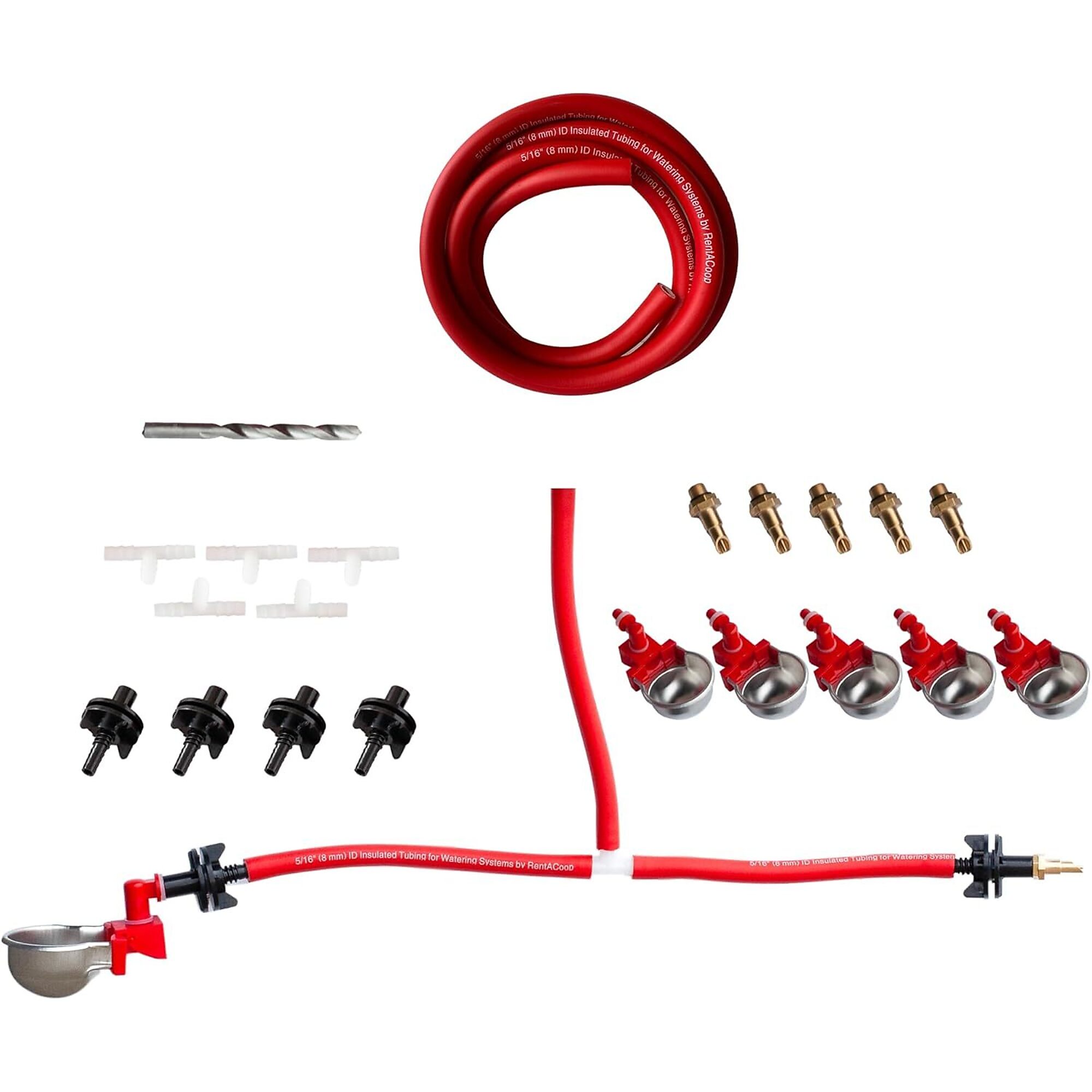 RentACoop RAC Paws Sip Station DIY Watering System Starter Kit for Small Animals — Includes 20ft. Insulated Tubing, Cage Adapters, Tubing T's, Metal Autofill Cups, Brass Nozzles, Model# DY-TBRB-STSM